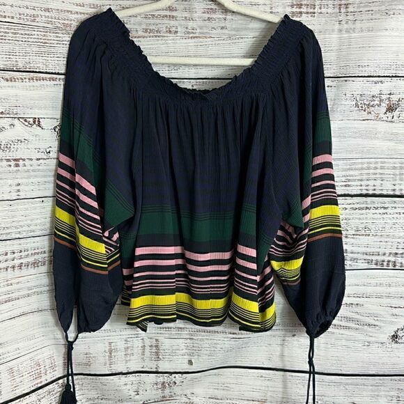 Apiece Apart top womens Sz 0 silk Blouse smocked off shoulder striped tassel - Picture 3 of 13